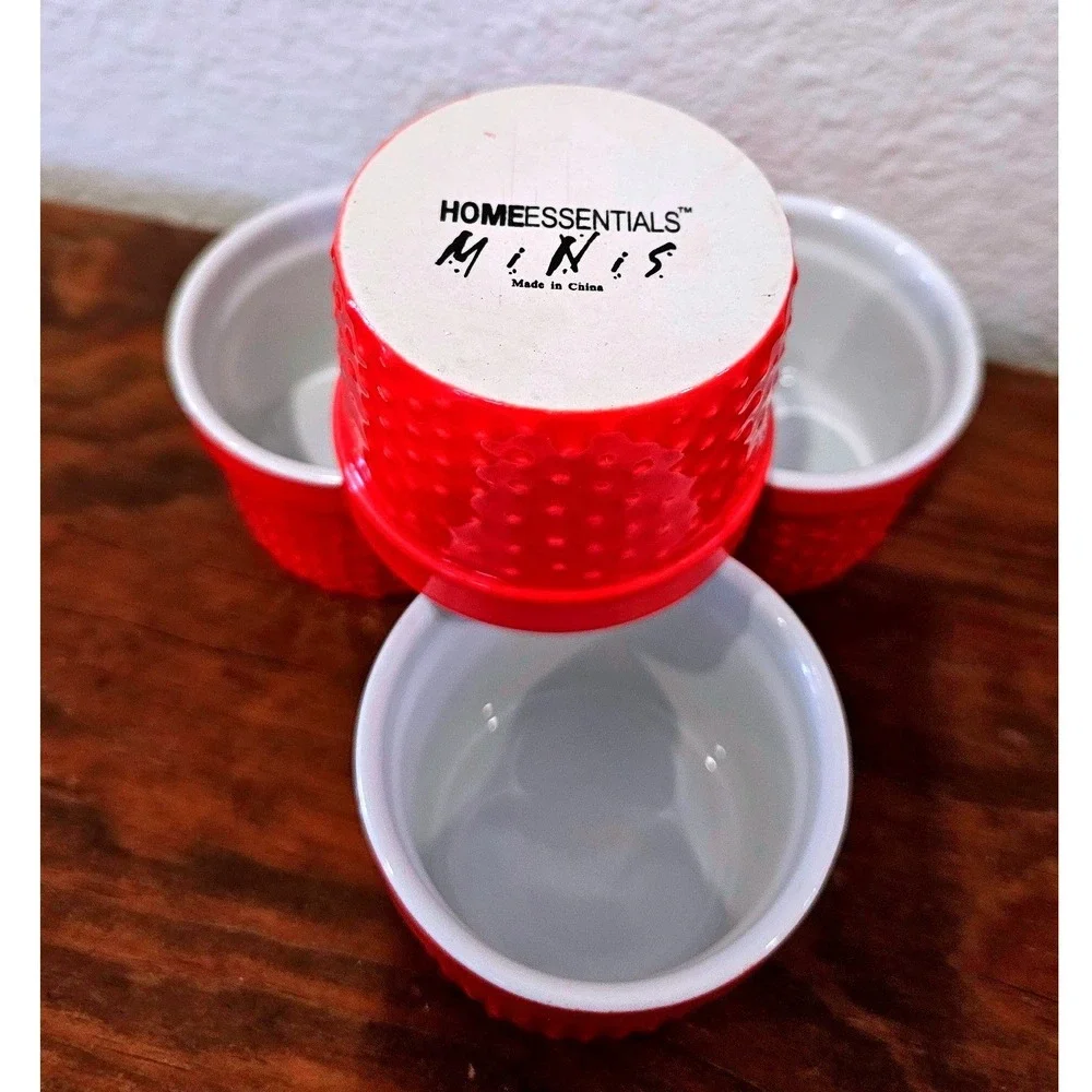 HomeEssentials Minis Set of 4 Red Ramekins Textured Ceramic Mini Baking Molds